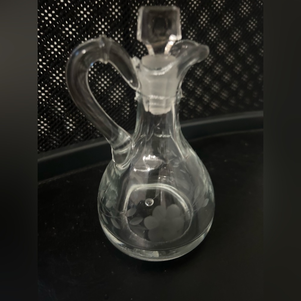 hand blown etched glass cruet